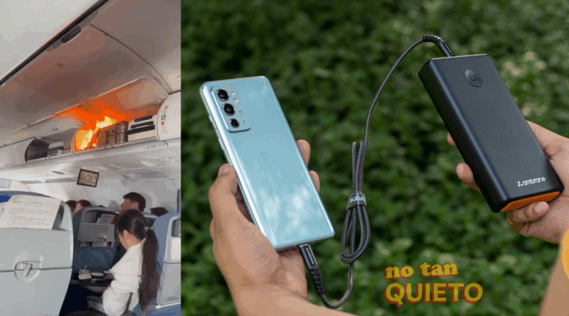 fuego en la cabina de un avión y una mano sosteniendo un power bank con un celular conectado