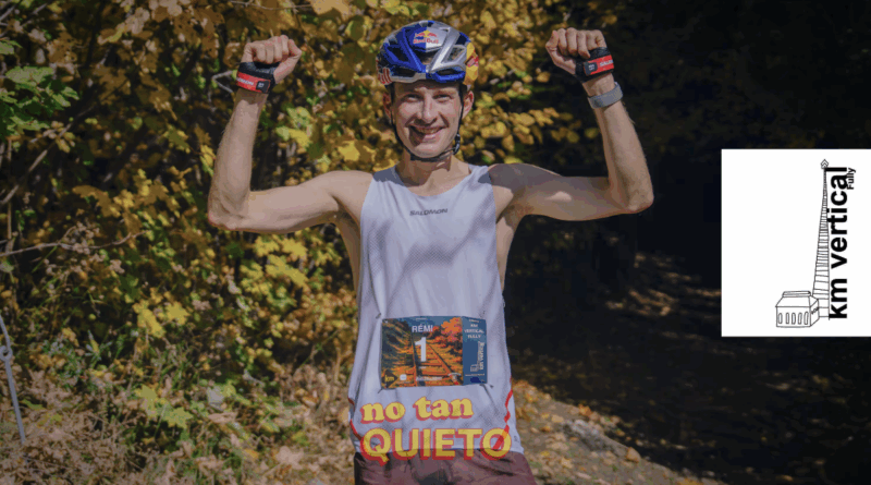 Rémi Bonnet celebra su récord mundial en el Kilómetro Vertical de Fully, Suiza.